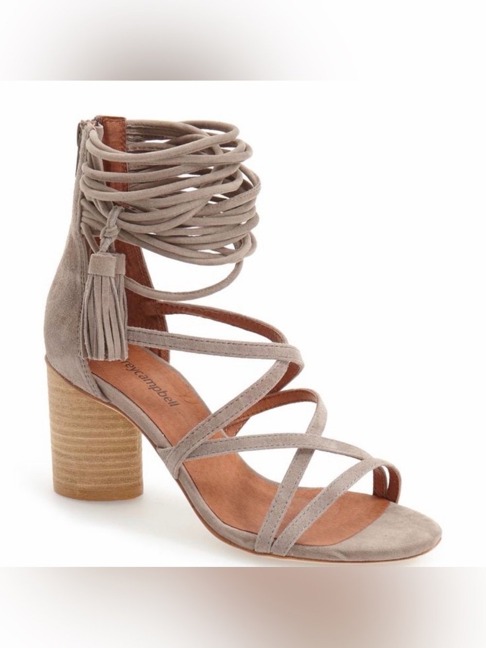 Jeffrey Campbell Despina Faux Suede Lace-Up Block Heel Sandal Tassel Nude Beige